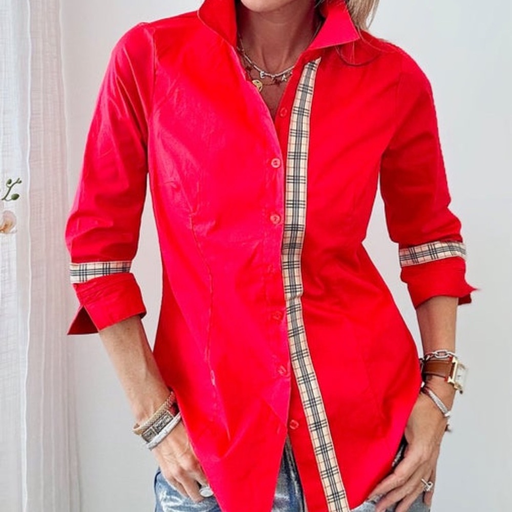 NWT, Red Button Down Blouse featuring custom trim, size L